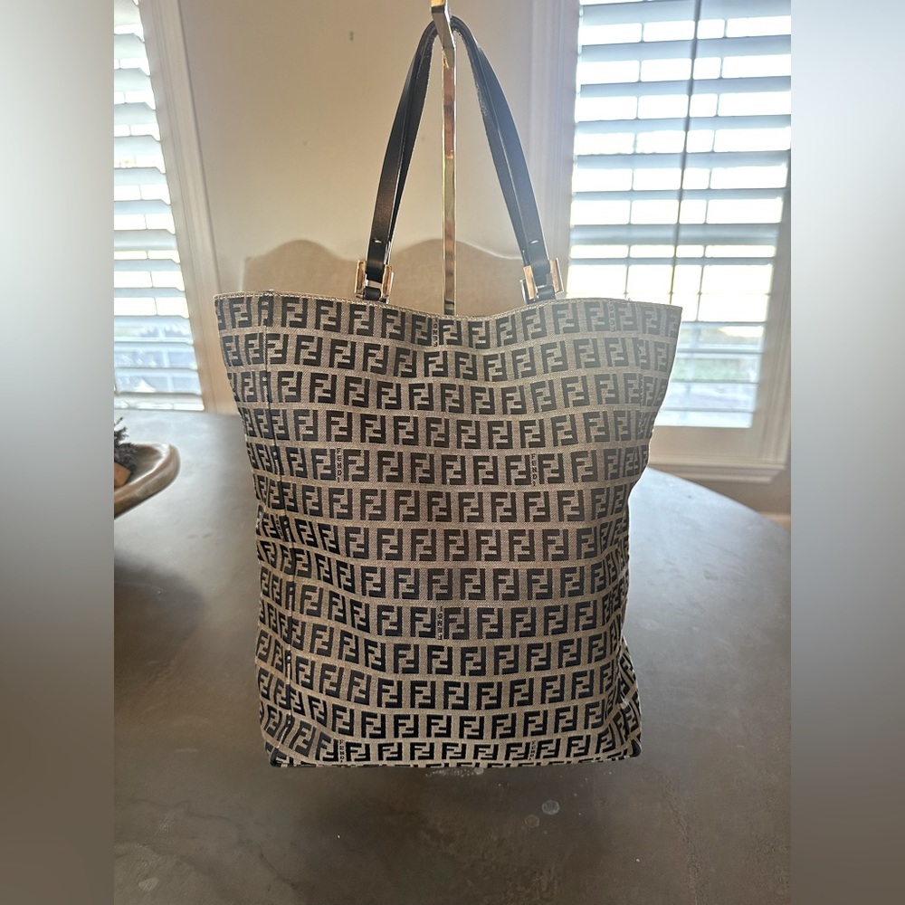 FENDI canvas logo flat tall tote bag navy leather trim silver hardware